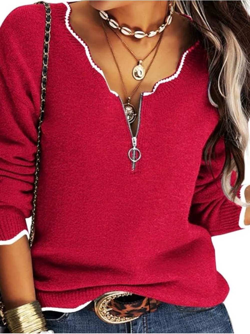 Red Zip-Front Women's Sweater